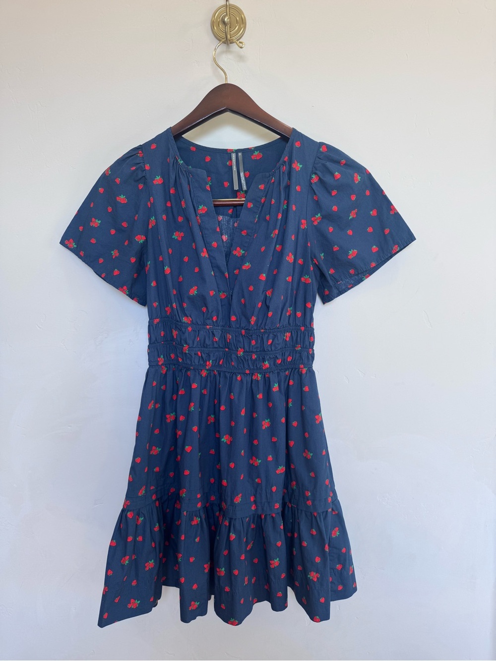 Anthropologie Navy Mini Dress with Red Strawberry Print and Smocked Waist